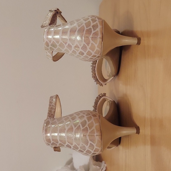 Alex Marie Champagne Beaded Animal Print Leather Ankle Strap Heels Size 6.5 - Picture 5 of 16